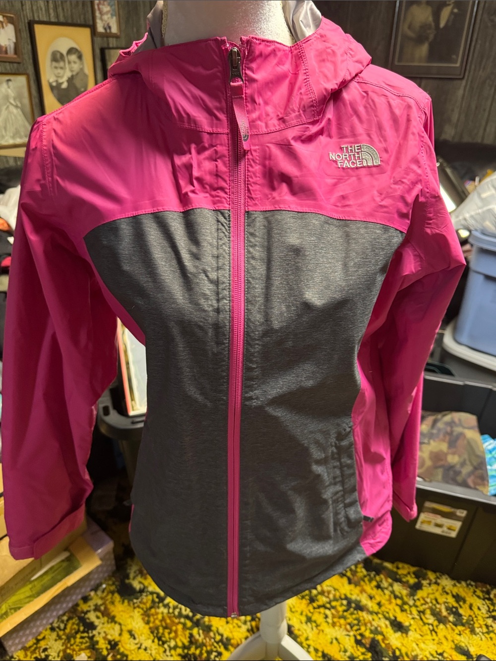The North Face Pink and Gray Hooded Kids Rain Jacket